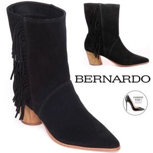 Bernardo Felix Mid-Calf Black Suede Fringe Western Boots Block Heel Pointed Toe